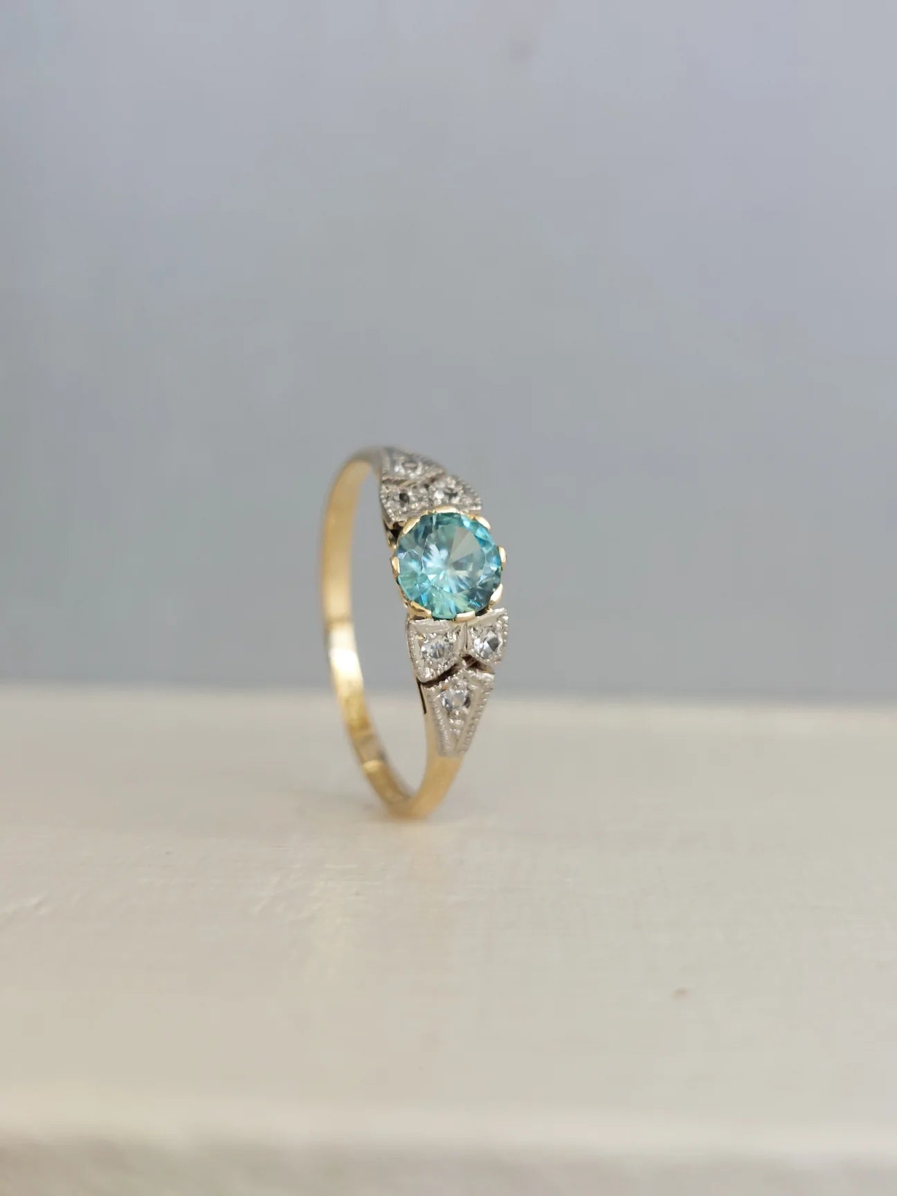 Vintage Joseph Lawrence Gold & Platinum Ring with Blue Zircon