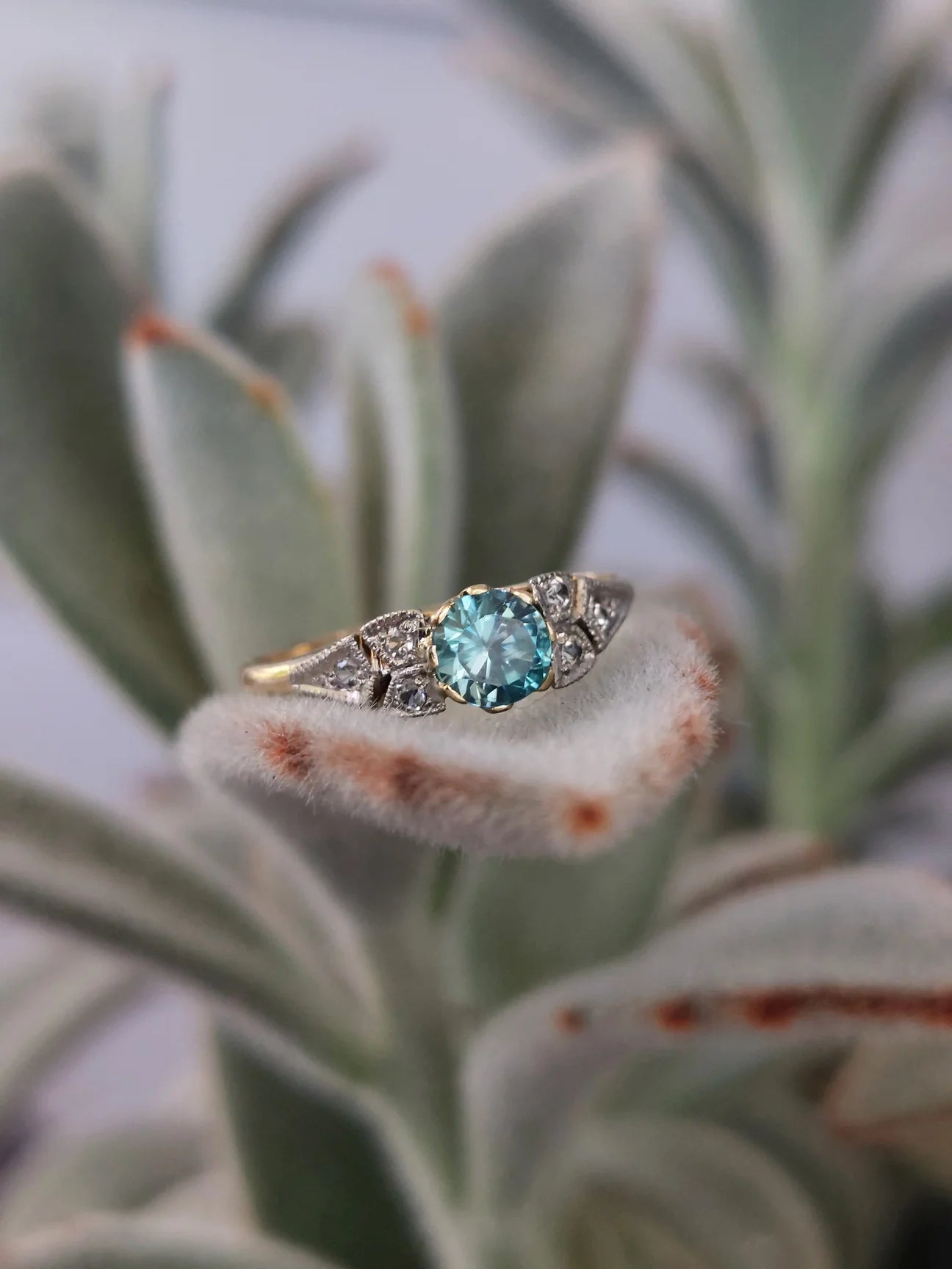 Vintage Joseph Lawrence Gold & Platinum Ring with Blue Zircon