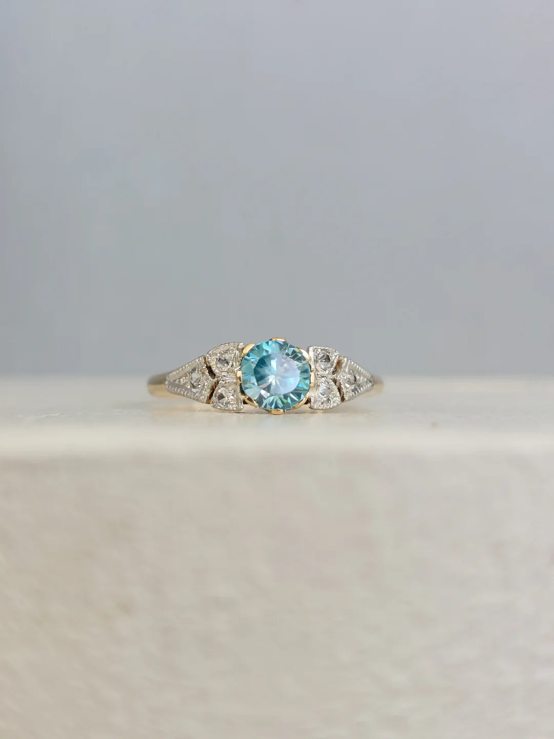 Vintage Joseph Lawrence Gold & Platinum Ring with Blue Zircon