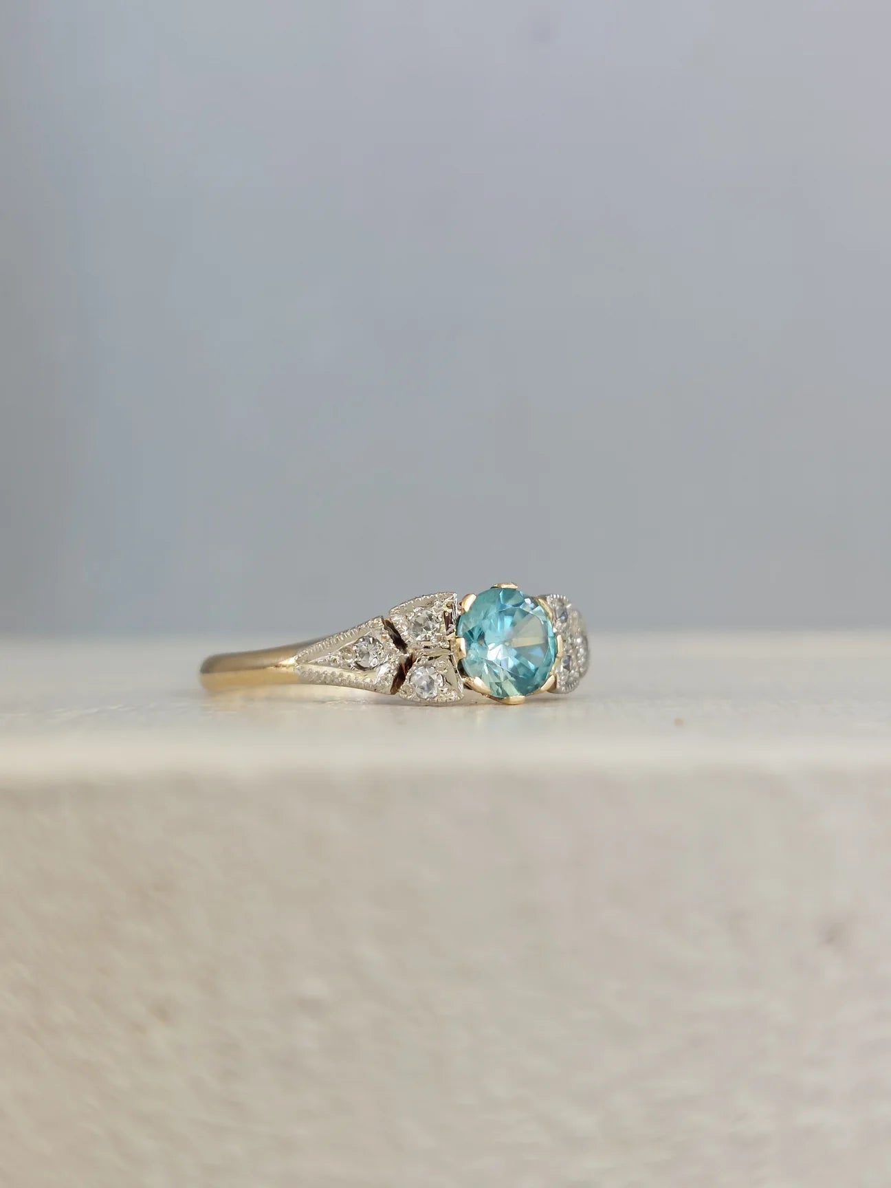 Vintage Joseph Lawrence Gold & Platinum Ring with Blue Zircon