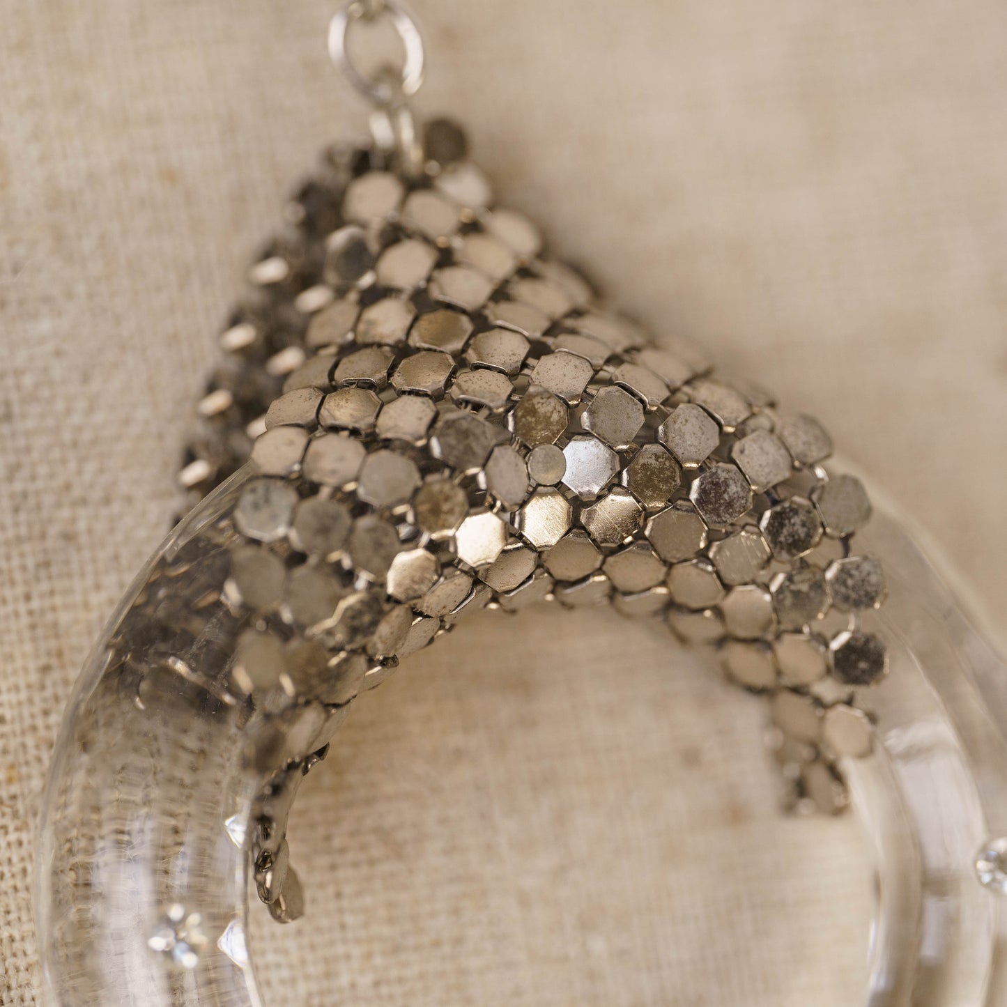 Vintage Silver Mesh &amp; Clear Glass Hoop Earrings