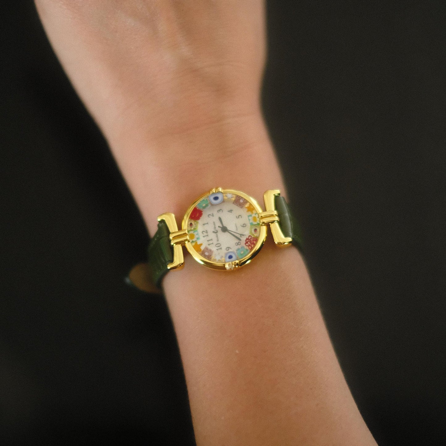 Murano Millefiori Watch With Leather Band - Forest Green