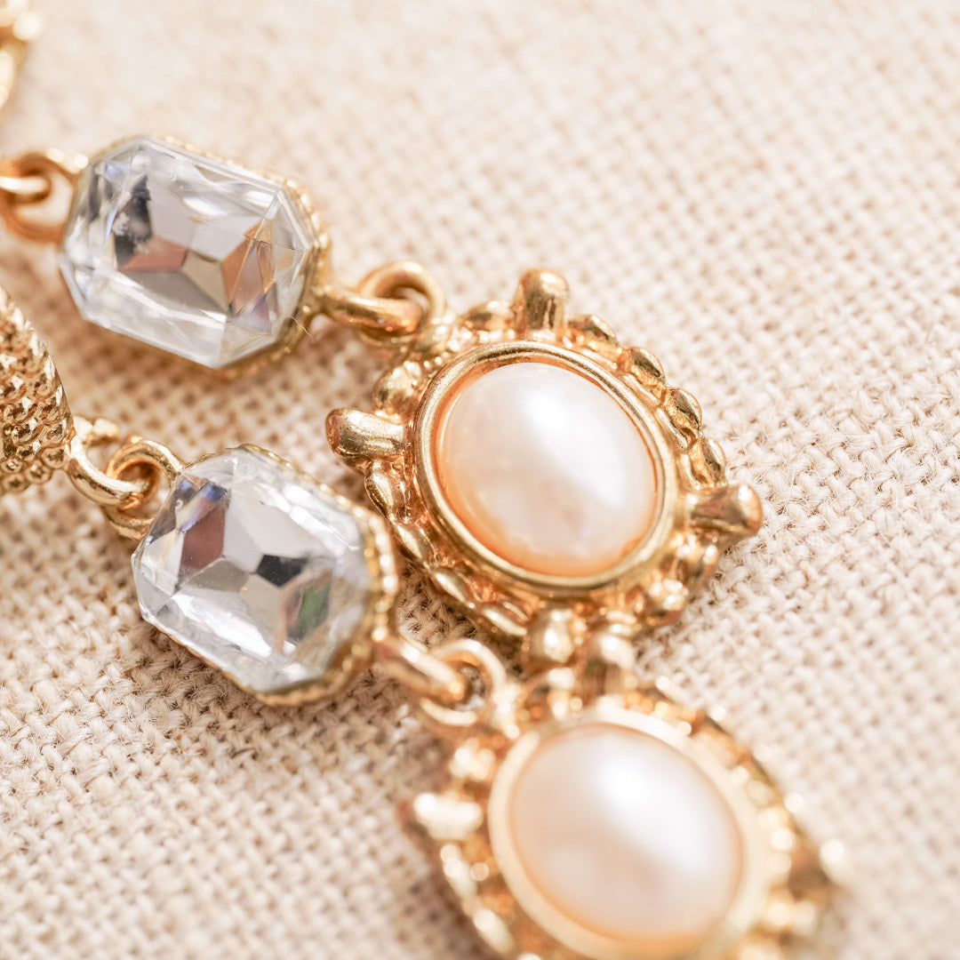 Vintage Pearl and Crystal Long Drop Earrings