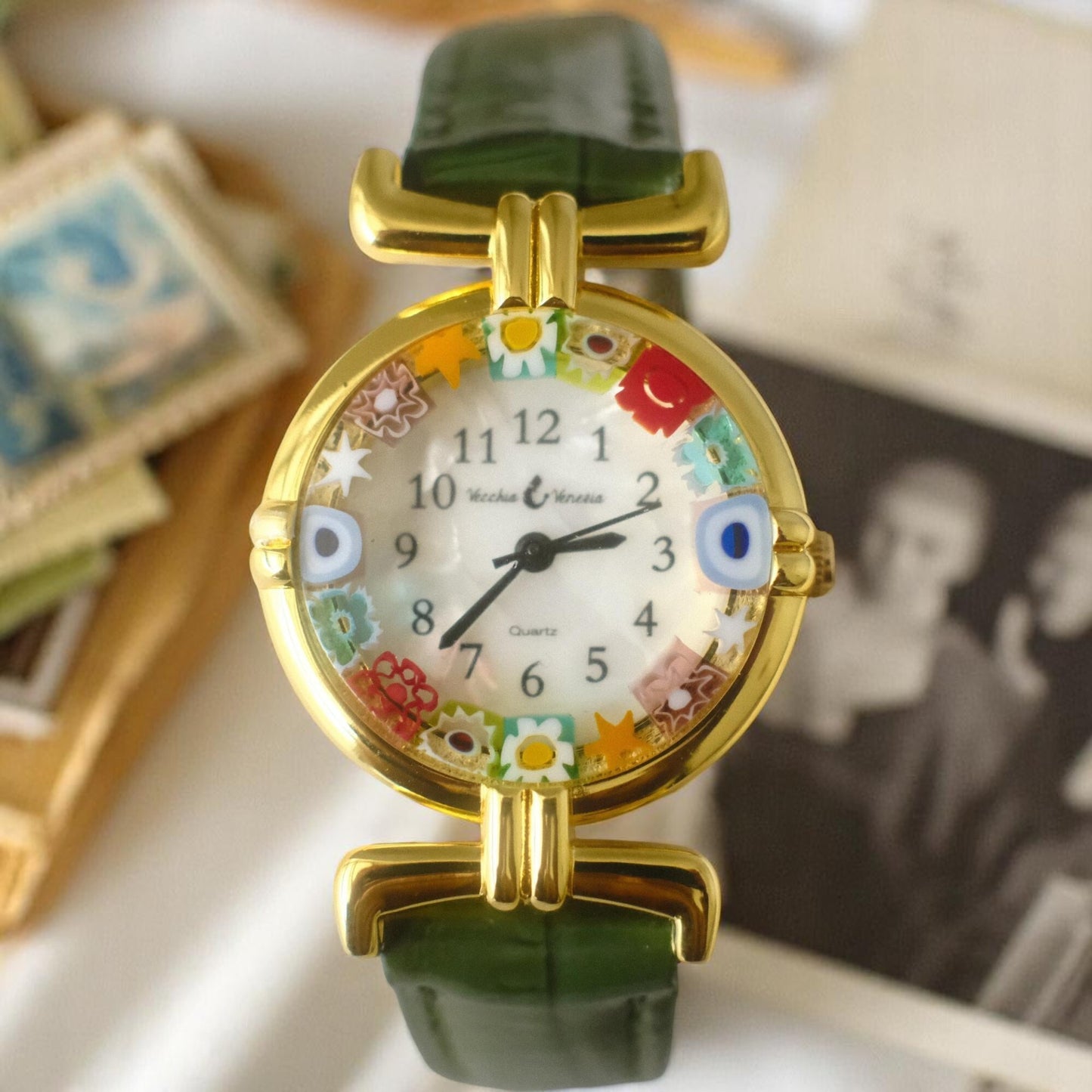 Murano Millefiori Watch With Leather Band - Forest Green