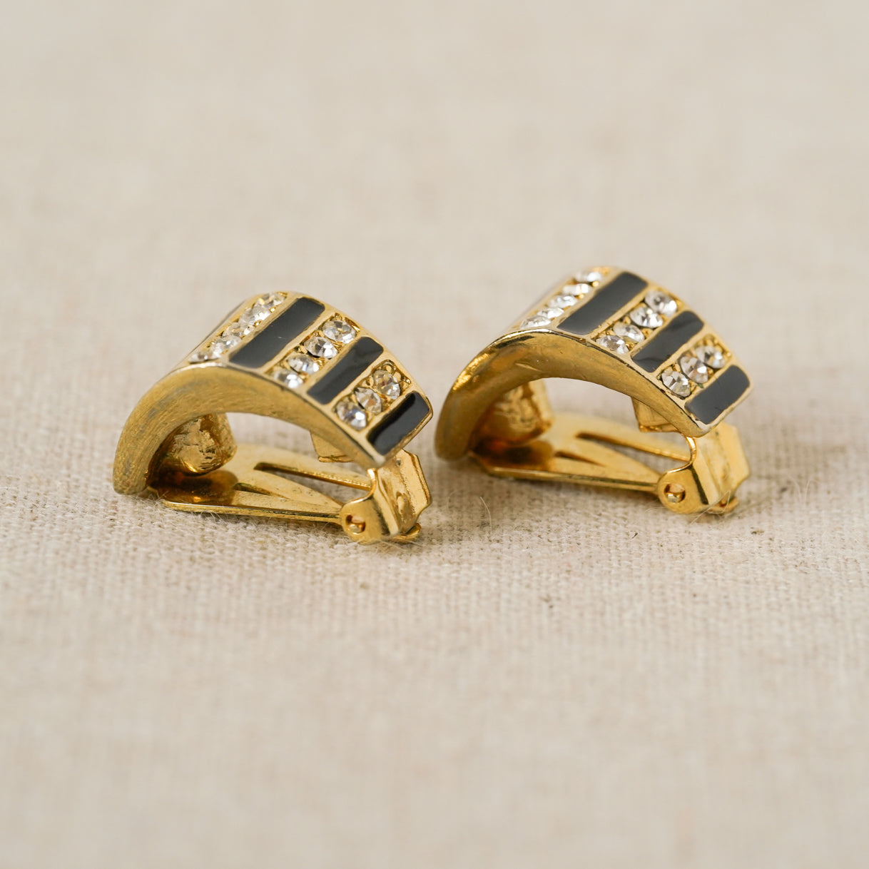 Vintage rhinestone & black enamel huggie hoop earrings