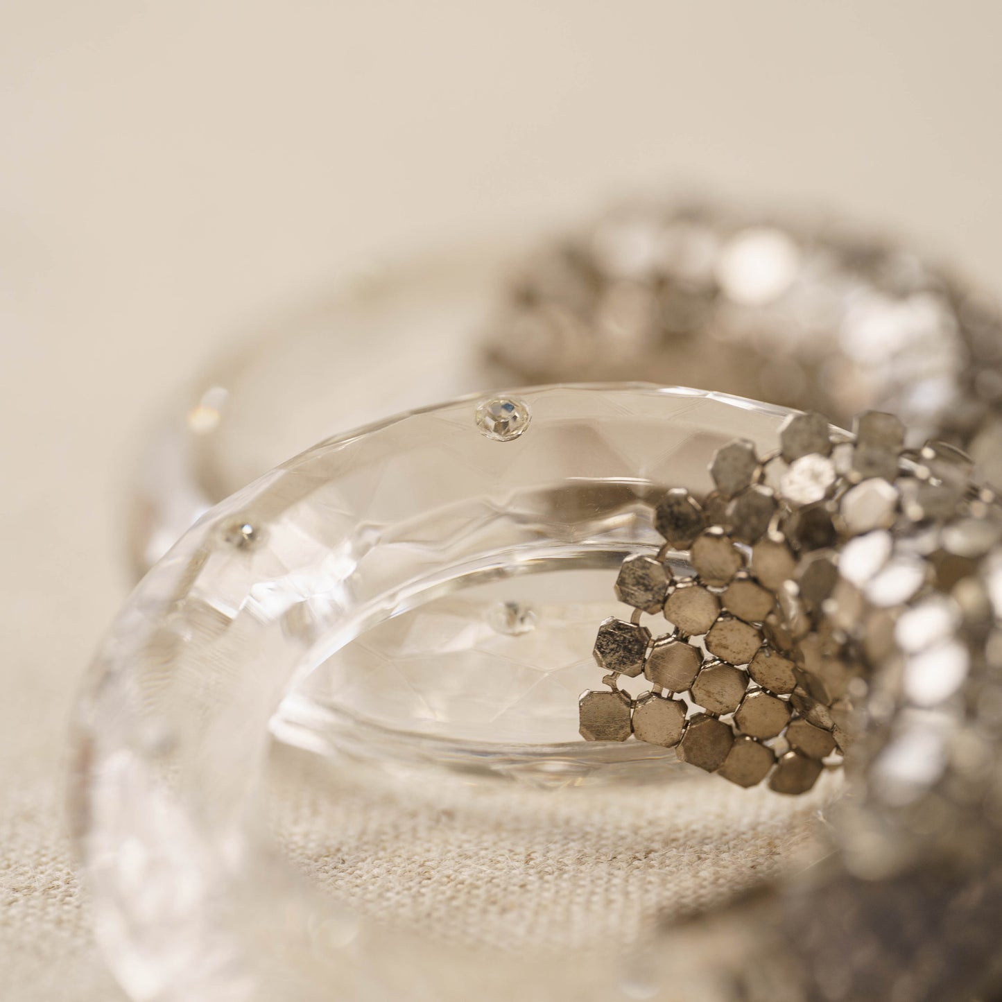 Vintage Silver Mesh &amp; Clear Glass Hoop Earrings