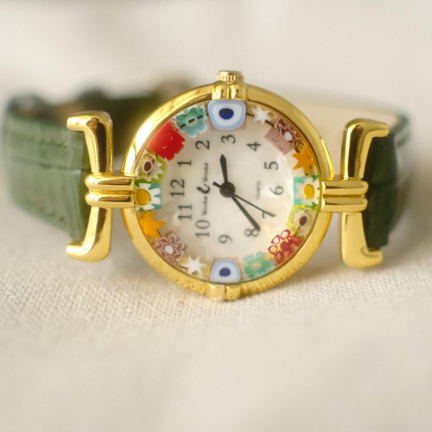 Murano Millefiori Watch With Leather Band - Forest Green