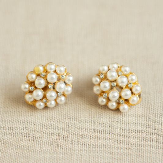 Vintage Pearl & Rhinestone Cluster Earrings