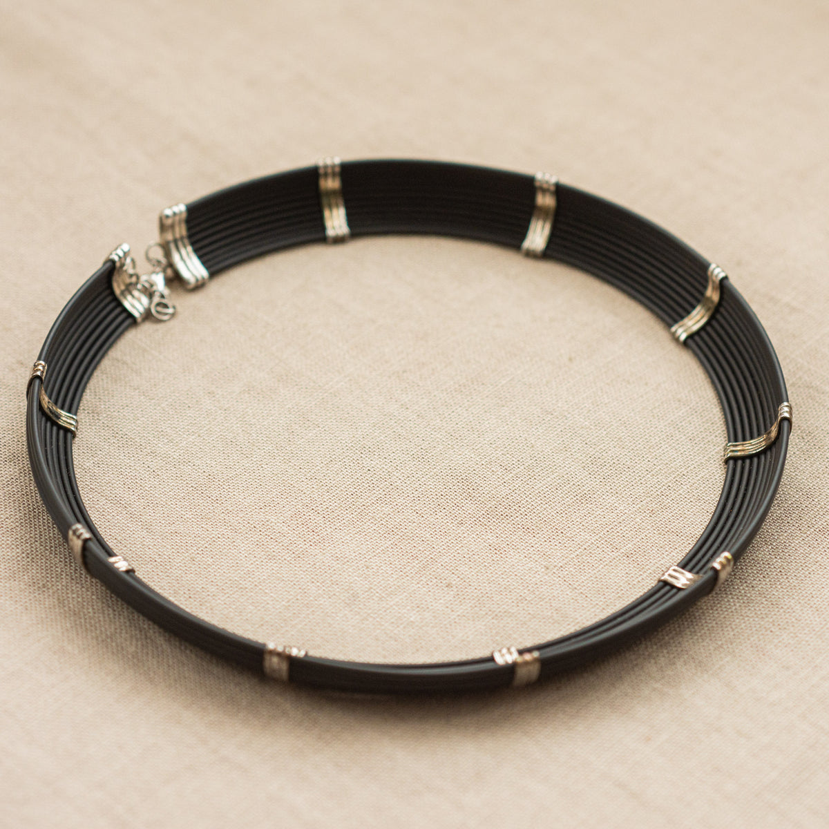 Vintage Black Cord Choker with Silver Bands