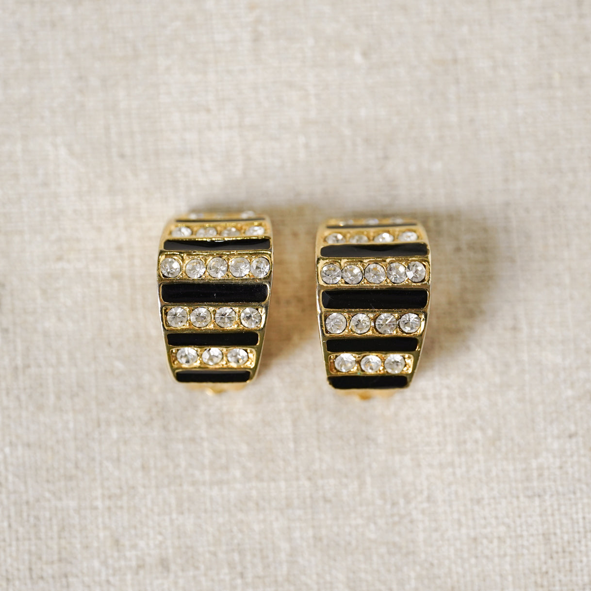 Vintage rhinestone & black enamel huggie hoop earrings