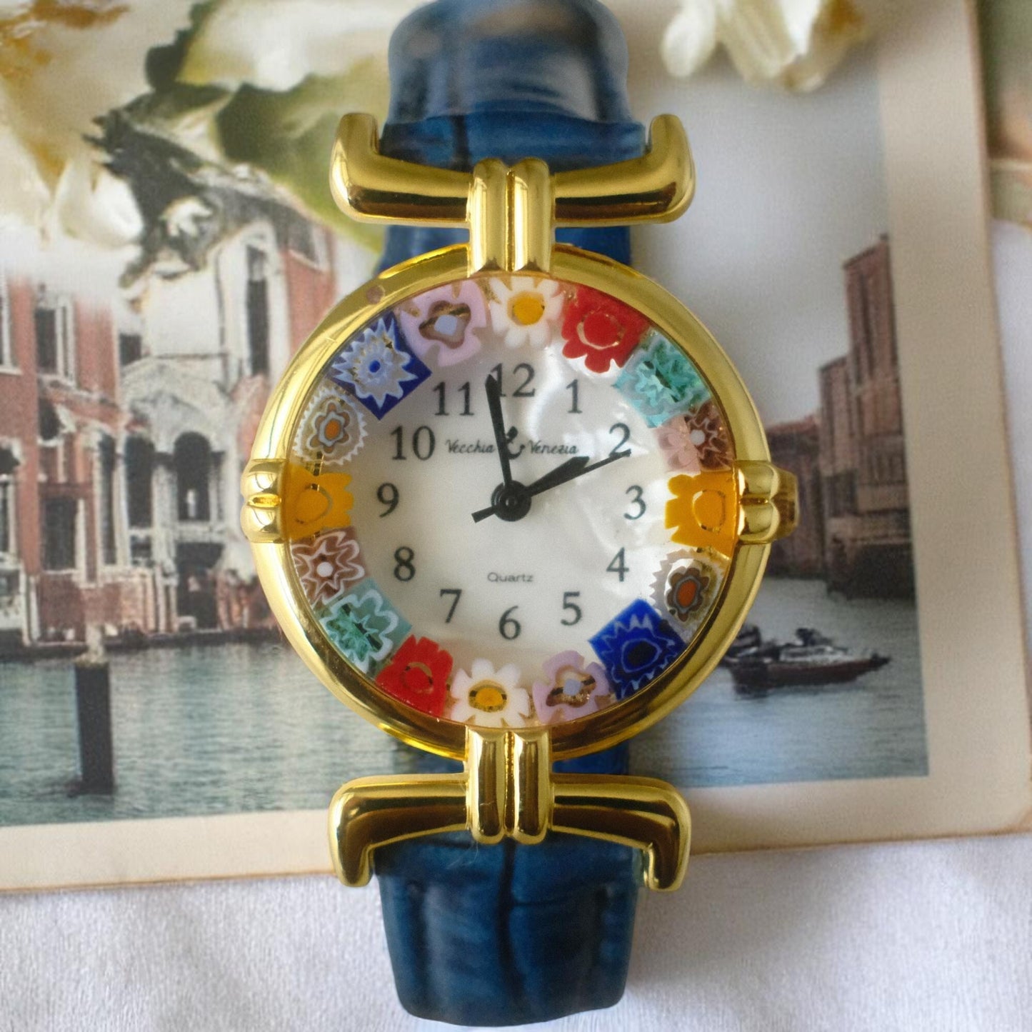 Murano Millefiori Watch With Leather Band - Navy