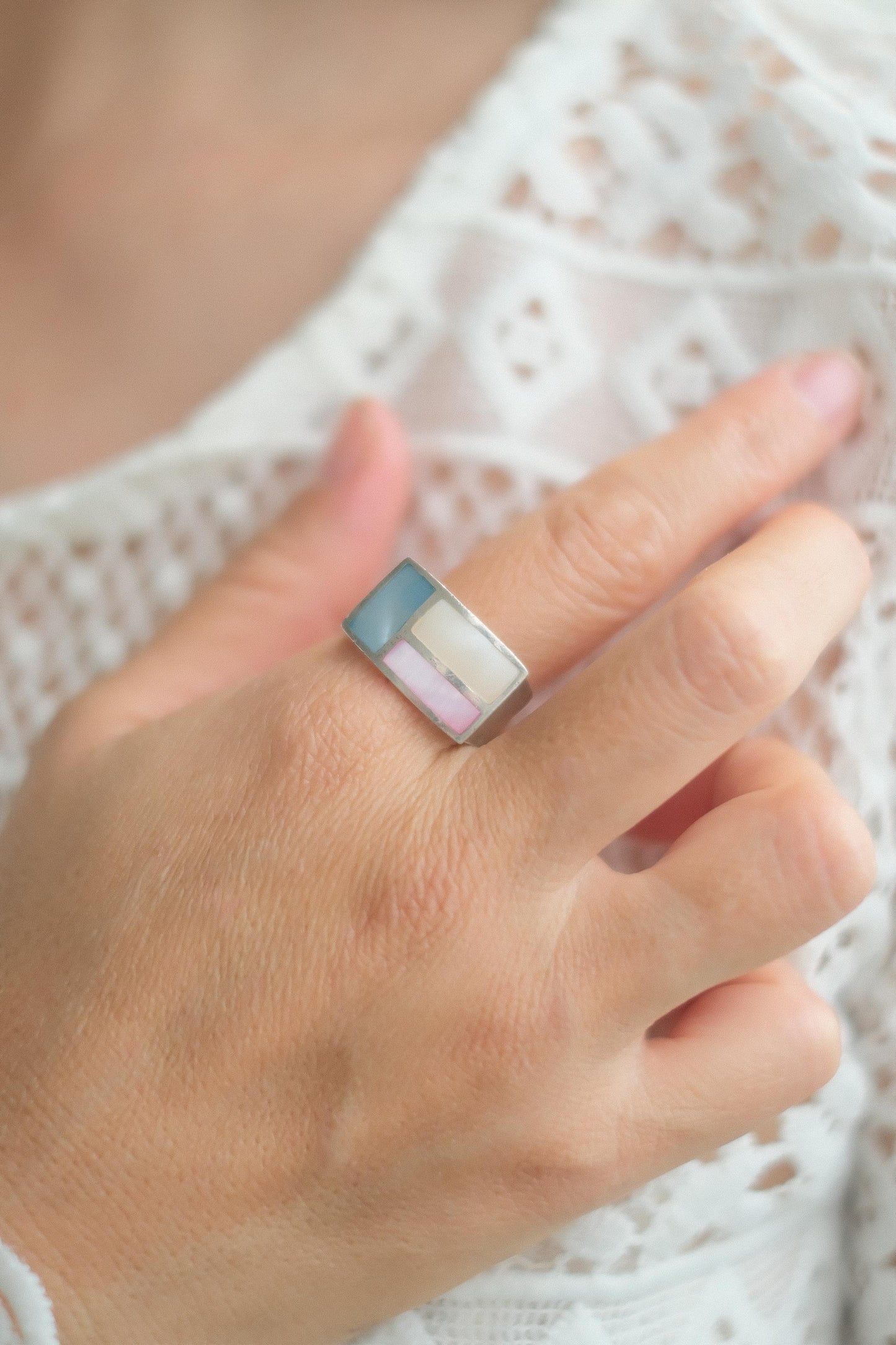 Vintage Pastel Colour Block Square Ring