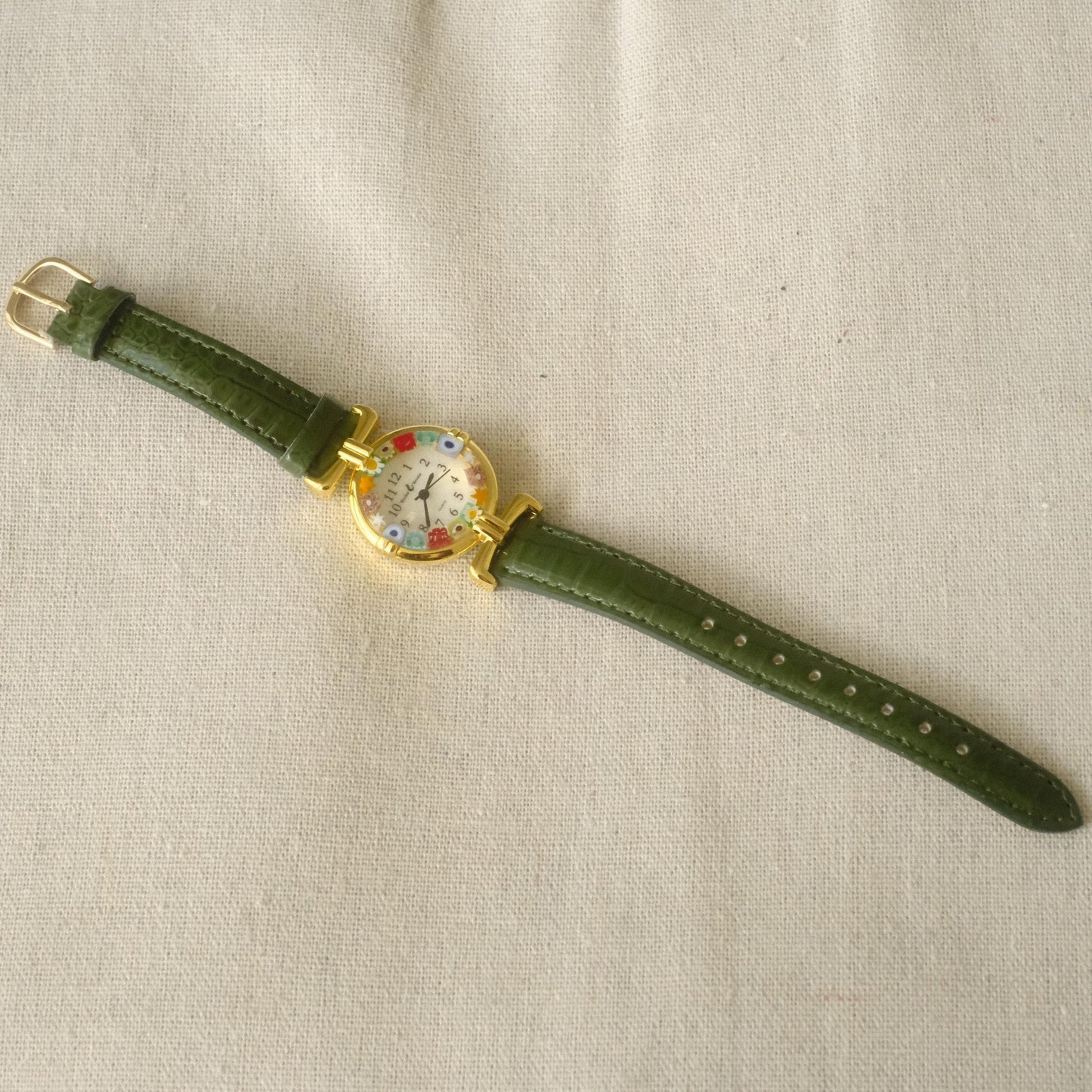 Murano Millefiori Watch With Leather Band - Forest Green